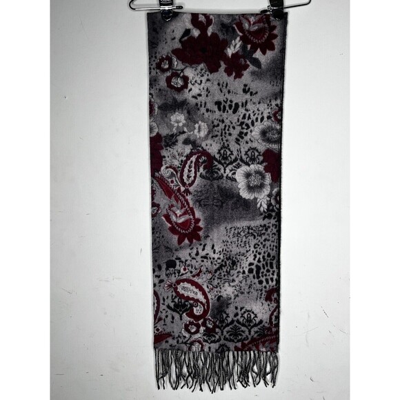 Enya Mantanani 100% Cashmere Scarf Gray Red Paisley Floral Fringe Soft/Warm - Picture 3 of 7